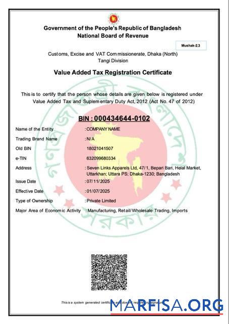 Realistic Bangladesh Value Added Tax registration certificate Word and PDF template